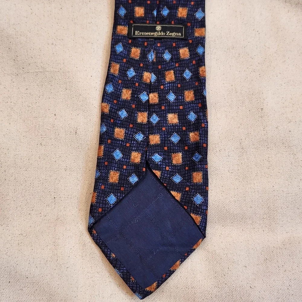 Ermenegildo Zegna Men's Silk Necktie Blue Brown Geometric Pattern Italian Design